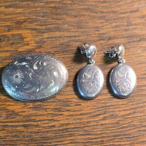 Vintage BIRK's sterling silver SET oval domed dangle earrings & brooch